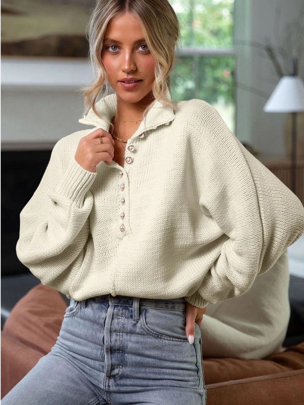 POL Oversized Cream Baggy Knit Pearl Button Coquette Boho Sweater S